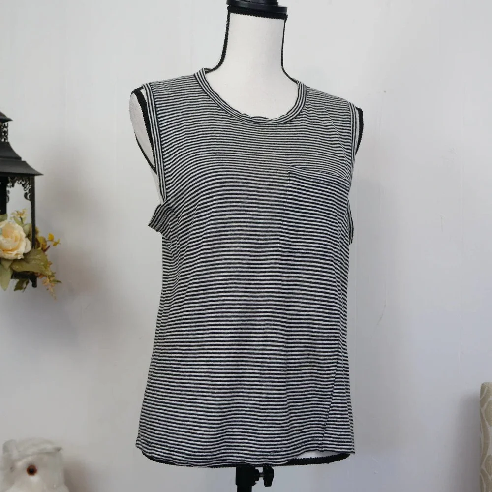 A.L.C. Striped Asymmetrical Pocket Tank Top Sz S Black White 100% Linen ALC - Picture 9 of 9